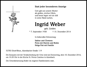 Anzeige von Ingrid Weber von Kölner Stadt-Anzeiger / Kölnische Rundschau / Express