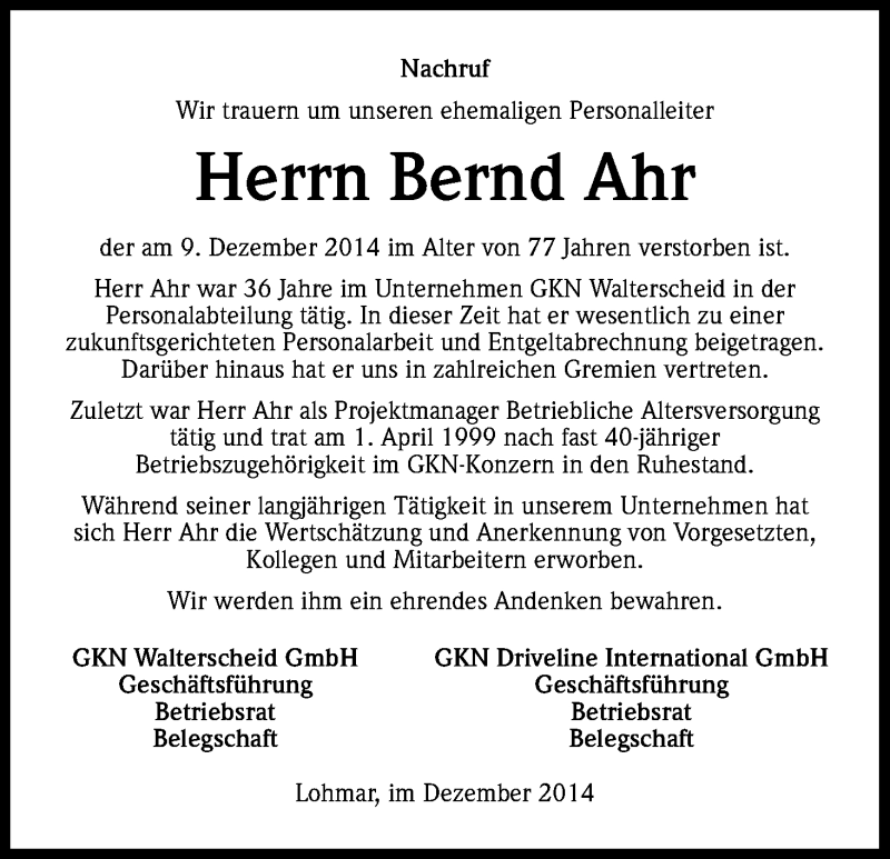  Traueranzeige für Bernd Ahr vom 15.12.2014 aus Kölner Stadt-Anzeiger / Kölnische Rundschau / Express