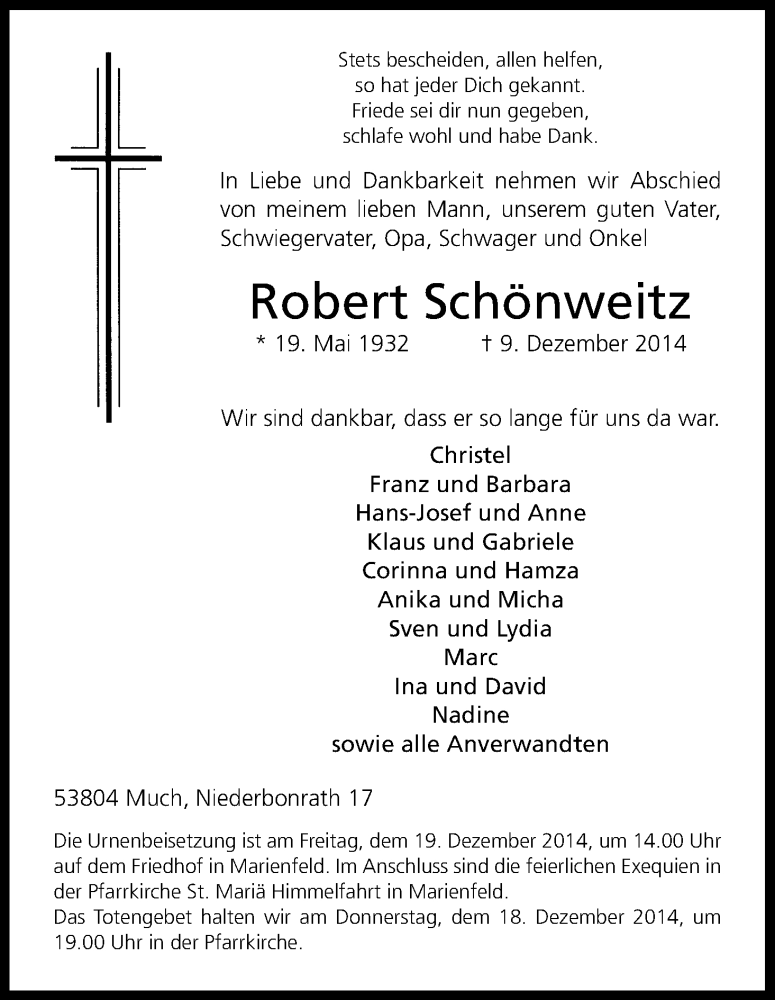  Traueranzeige für Robert Schönweitz vom 15.12.2014 aus Kölner Stadt-Anzeiger / Kölnische Rundschau / Express