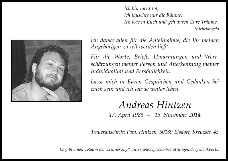  Traueranzeige für Andreas Hintzen vom 10.01.2015 aus Kölner Stadt-Anzeiger / Kölnische Rundschau / Express