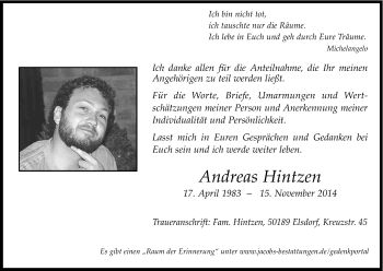 Anzeige von Andreas Hintzen von Kölner Stadt-Anzeiger / Kölnische Rundschau / Express