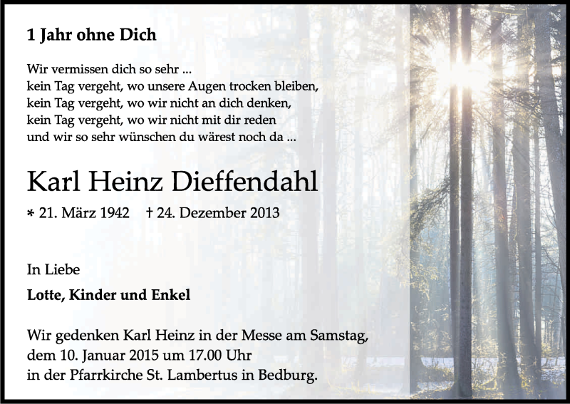  Traueranzeige für Karl Heinz Dieffendahl vom 05.01.2015 aus Kölner Stadt-Anzeiger / Kölnische Rundschau / Express