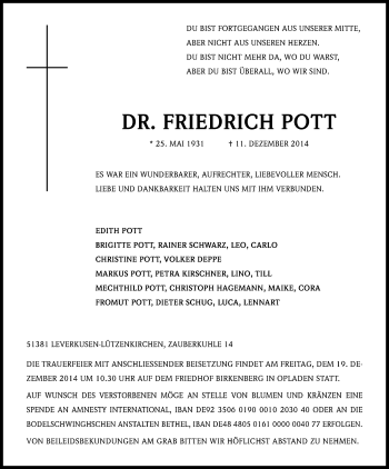 Anzeige von Friedrich Pott von Kölner Stadt-Anzeiger / Kölnische Rundschau / Express