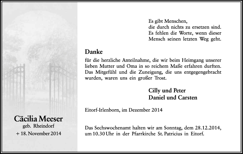  Traueranzeige für Cäcilia Meeser vom 20.12.2014 aus Kölner Stadt-Anzeiger / Kölnische Rundschau / Express