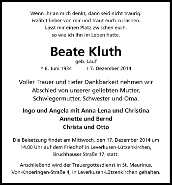 Anzeige von Beate Kluth von Kölner Stadt-Anzeiger / Kölnische Rundschau / Express