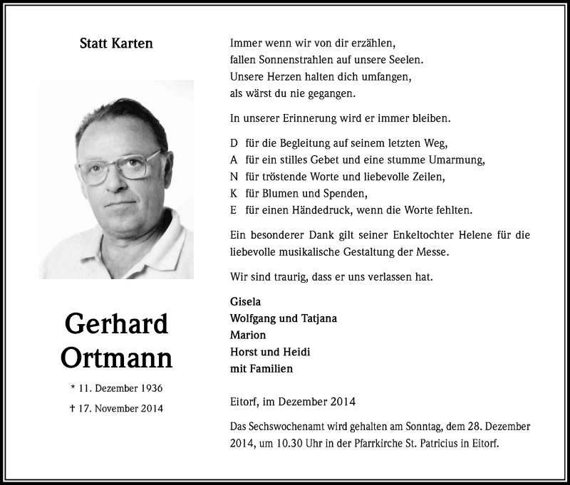  Traueranzeige für Gerhard Ortmann vom 20.12.2014 aus Kölner Stadt-Anzeiger / Kölnische Rundschau / Express