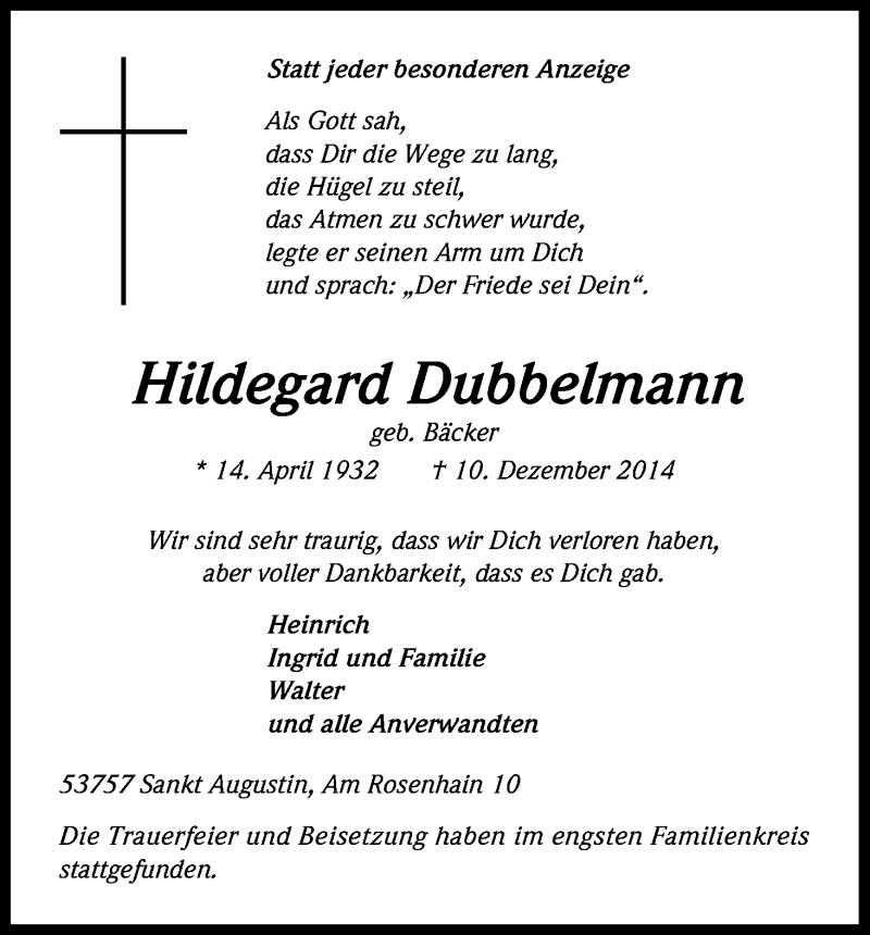  Traueranzeige für Hildegard Dubbelmann vom 20.12.2014 aus Kölner Stadt-Anzeiger / Kölnische Rundschau / Express