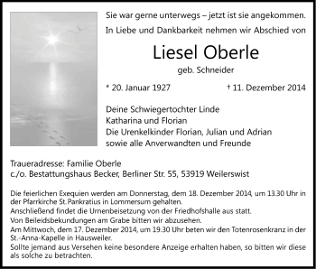 Anzeige von Liesel Oberle von Kölner Stadt-Anzeiger / Kölnische Rundschau / Express