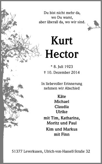 Anzeige von Kurt Hector von Kölner Stadt-Anzeiger / Kölnische Rundschau / Express