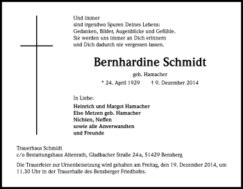 Anzeige von Bernhardine Schmidt von Kölner Stadt-Anzeiger / Kölnische Rundschau / Express