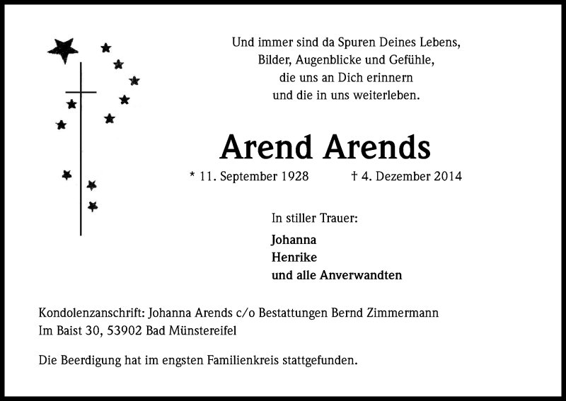  Traueranzeige für Arend Arends vom 20.12.2014 aus Kölner Stadt-Anzeiger / Kölnische Rundschau / Express