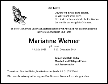 Anzeige von Marianne Werner von Kölner Stadt-Anzeiger / Kölnische Rundschau / Express