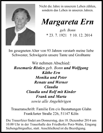 Anzeige von Margareta Ern von Kölner Stadt-Anzeiger / Kölnische Rundschau / Express