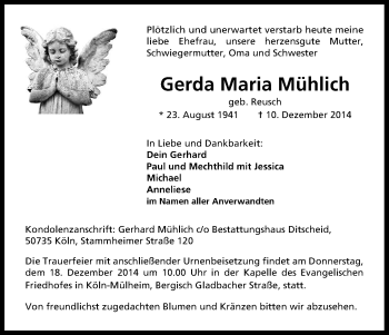 Anzeige von Gerda Maria Mühlich von Kölner Stadt-Anzeiger / Kölnische Rundschau / Express