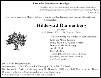Anzeige von Hildegard Dannenberg von Kölner Stadt-Anzeiger / Kölnische Rundschau / Express