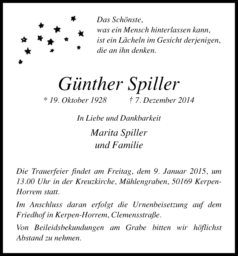  Traueranzeige für Günther Spiller vom 02.01.2015 aus Kölner Stadt-Anzeiger / Kölnische Rundschau / Express