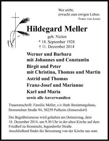 Anzeige von Hildegard Meller von Kölner Stadt-Anzeiger / Kölnische Rundschau / Express