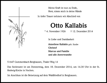 Anzeige von Otto Kallabis von Kölner Stadt-Anzeiger / Kölnische Rundschau / Express
