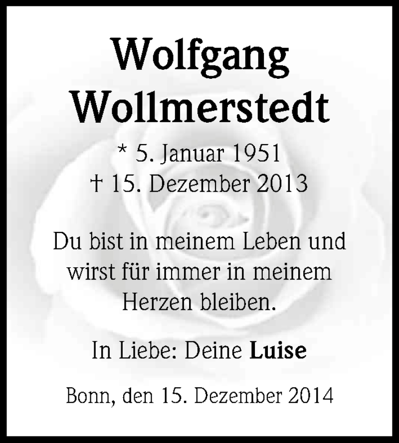  Traueranzeige für Wolfgang Wollmerstedt vom 15.12.2014 aus Kölner Stadt-Anzeiger / Kölnische Rundschau / Express