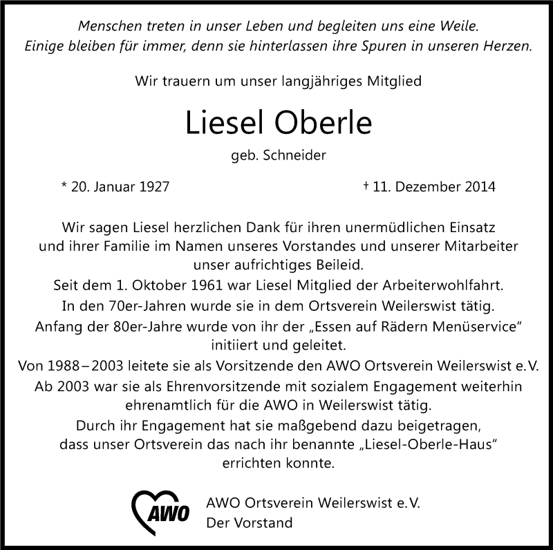  Traueranzeige für Liesel Oberle vom 15.12.2014 aus Kölner Stadt-Anzeiger / Kölnische Rundschau / Express