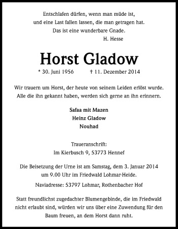 Anzeige von Horst Gladow von Kölner Stadt-Anzeiger / Kölnische Rundschau / Express