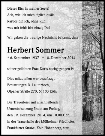 Anzeige von Herbert Sommer von Kölner Stadt-Anzeiger / Kölnische Rundschau / Express