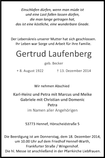 Anzeige von Gertrud Laufenberg von Kölner Stadt-Anzeiger / Kölnische Rundschau / Express