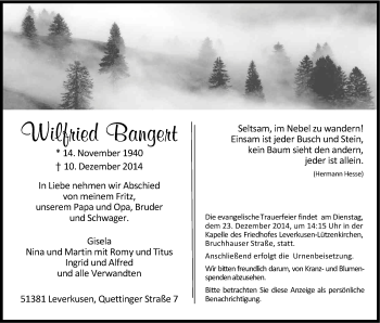Anzeige von Wilfried Bangert von Kölner Stadt-Anzeiger / Kölnische Rundschau / Express