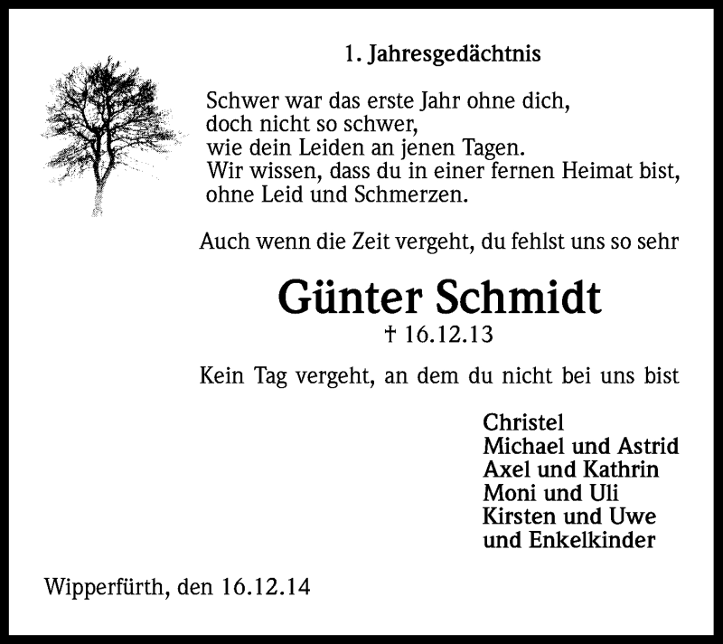  Traueranzeige für Günter Schmidt vom 16.12.2014 aus Kölner Stadt-Anzeiger / Kölnische Rundschau / Express
