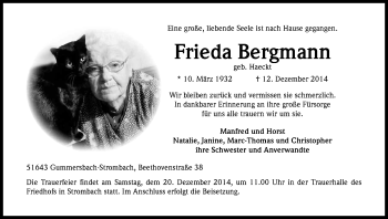 Anzeige von Frieda Bergmann von Kölner Stadt-Anzeiger / Kölnische Rundschau / Express