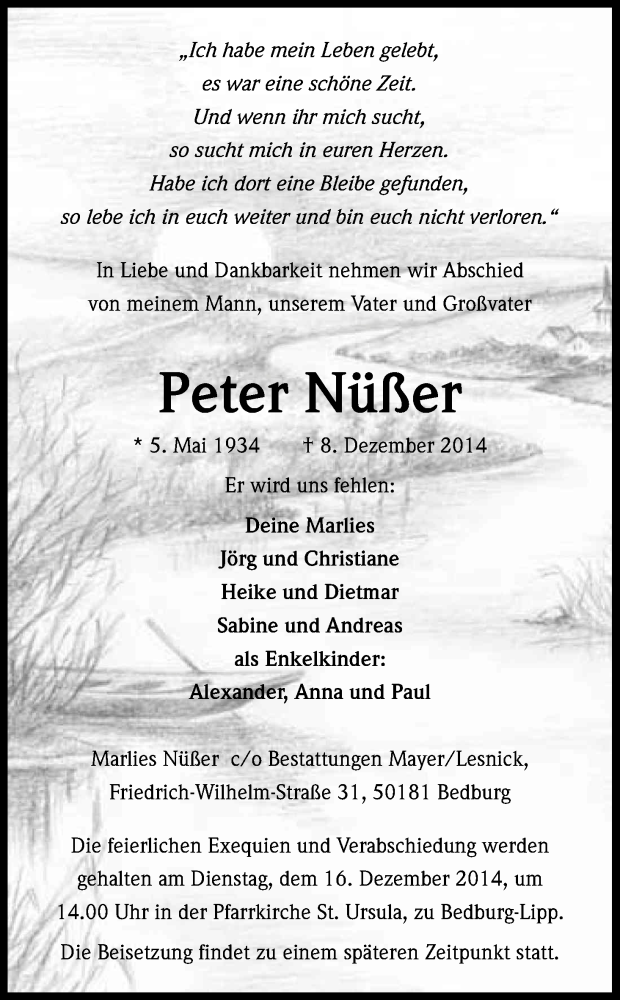  Traueranzeige für Peter Nüßer vom 16.12.2014 aus Kölner Stadt-Anzeiger / Kölnische Rundschau / Express