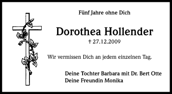 Anzeige von Dorothea Hollender von Kölner Stadt-Anzeiger / Kölnische Rundschau / Express