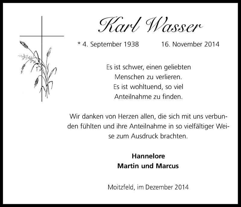  Traueranzeige für Karl Wasser vom 20.12.2014 aus Kölner Stadt-Anzeiger / Kölnische Rundschau / Express