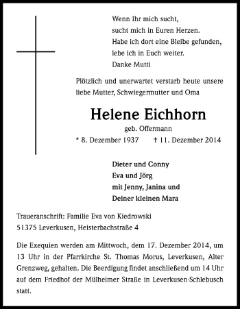 Anzeige von Helene Eichhorn von Kölner Stadt-Anzeiger / Kölnische Rundschau / Express