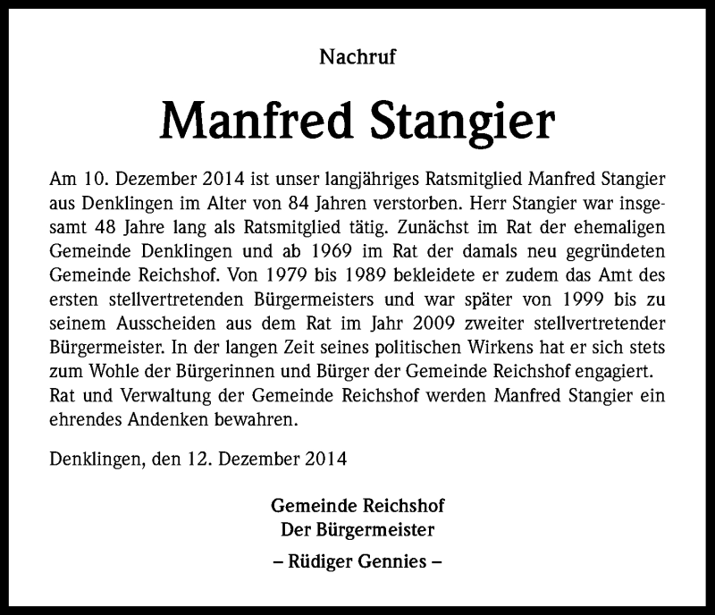  Traueranzeige für Manfred Stangier vom 16.12.2014 aus Kölner Stadt-Anzeiger / Kölnische Rundschau / Express