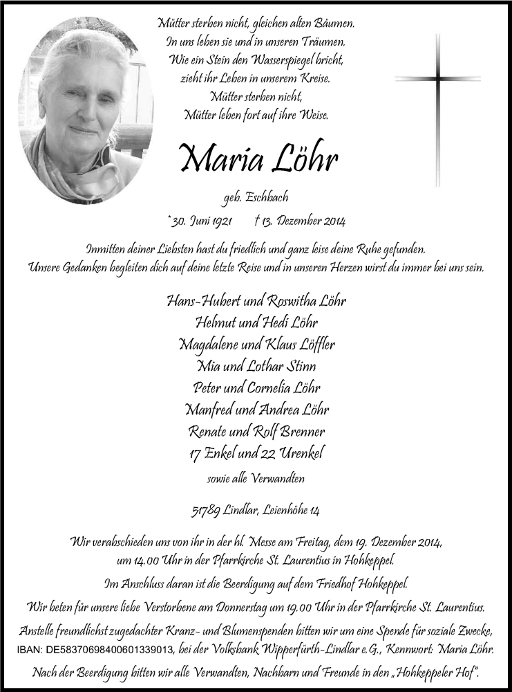  Traueranzeige für Maria Löhr vom 17.12.2014 aus Kölner Stadt-Anzeiger / Kölnische Rundschau / Express