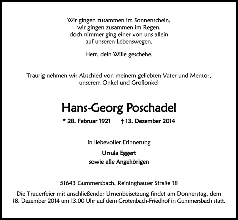  Traueranzeige für Hans-Georg Poschadel vom 16.12.2014 aus Kölner Stadt-Anzeiger / Kölnische Rundschau / Express