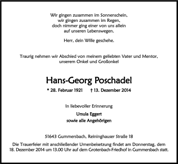 Anzeige von Hans-Georg Poschadel von Kölner Stadt-Anzeiger / Kölnische Rundschau / Express