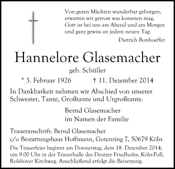 Anzeige von Hannelore Glasemacher von Kölner Stadt-Anzeiger / Kölnische Rundschau / Express