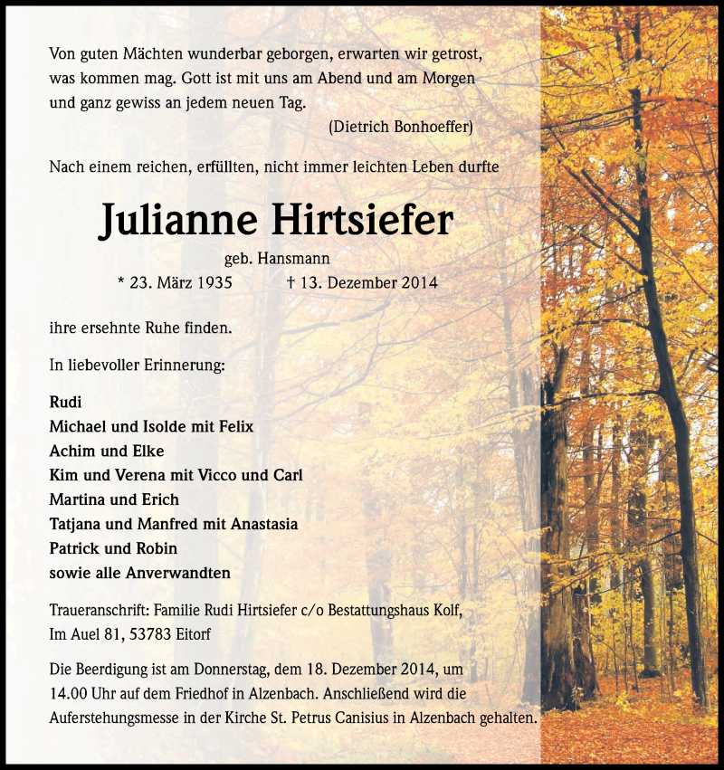  Traueranzeige für Julianne Hirtsiefer vom 16.12.2014 aus Kölner Stadt-Anzeiger / Kölnische Rundschau / Express