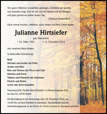 Anzeige von Julianne Hirtsiefer von Kölner Stadt-Anzeiger / Kölnische Rundschau / Express