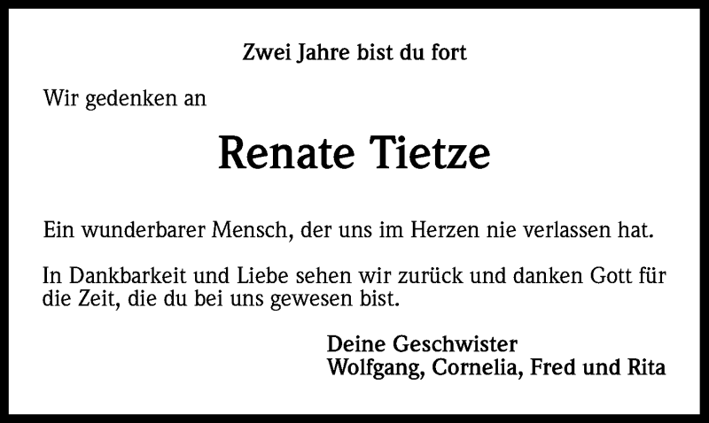  Traueranzeige für Renate Tietze vom 02.01.2015 aus Kölner Stadt-Anzeiger / Kölnische Rundschau / Express