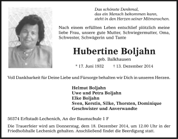 Anzeige von Hubertine Boljahn von Kölner Stadt-Anzeiger / Kölnische Rundschau / Express