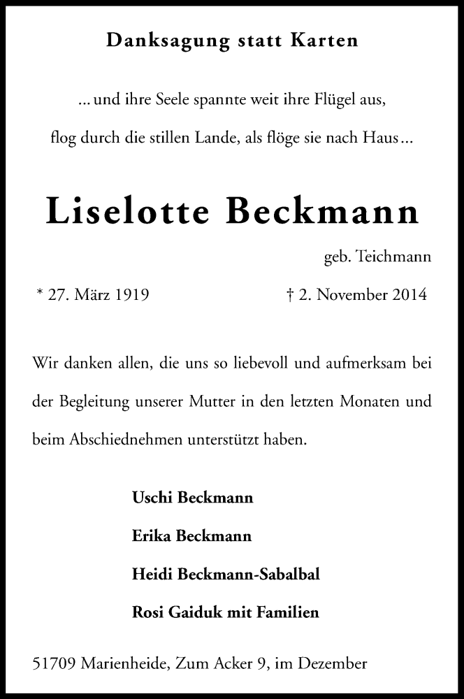  Traueranzeige für Liselotte Beckmann vom 20.12.2014 aus Kölner Stadt-Anzeiger / Kölnische Rundschau / Express