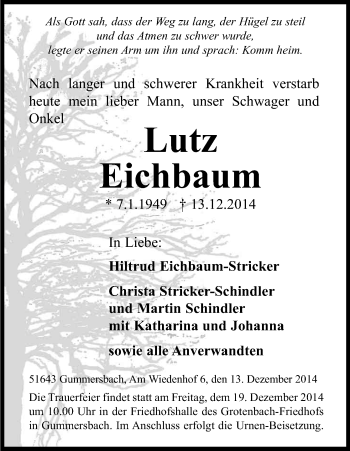 Anzeige von Lutz Eichbaum von Kölner Stadt-Anzeiger / Kölnische Rundschau / Express