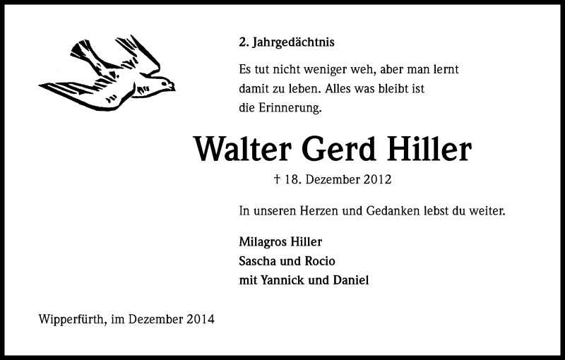  Traueranzeige für Walter Gerd Hiller vom 18.12.2014 aus Kölner Stadt-Anzeiger / Kölnische Rundschau / Express