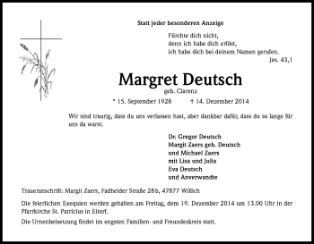 Anzeige von Margret Deutsch von Kölner Stadt-Anzeiger / Kölnische Rundschau / Express