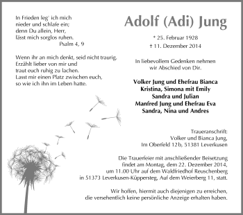 Anzeige von Adolf Jung von Kölner Stadt-Anzeiger / Kölnische Rundschau / Express