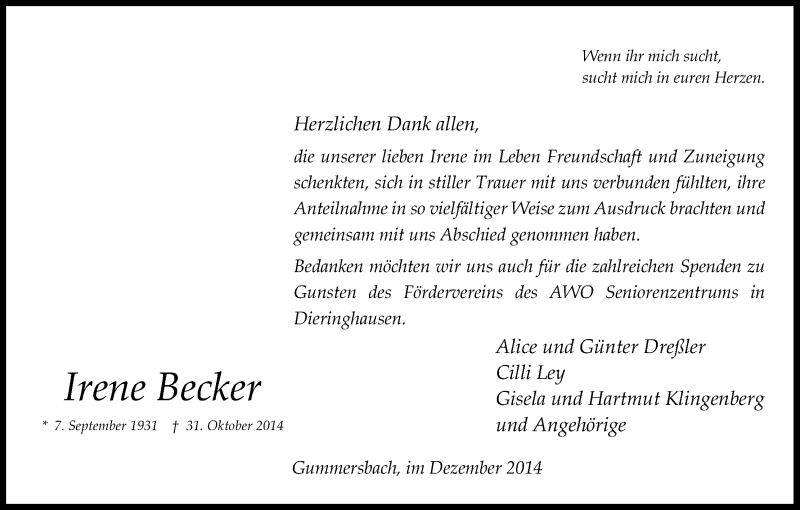  Traueranzeige für Irene Becker vom 18.12.2014 aus Kölner Stadt-Anzeiger / Kölnische Rundschau / Express