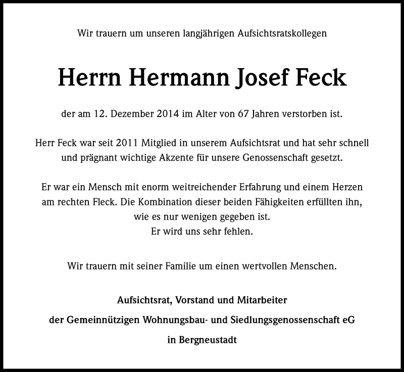  Traueranzeige für Hermann Josef Feck vom 17.12.2014 aus Kölner Stadt-Anzeiger / Kölnische Rundschau / Express
